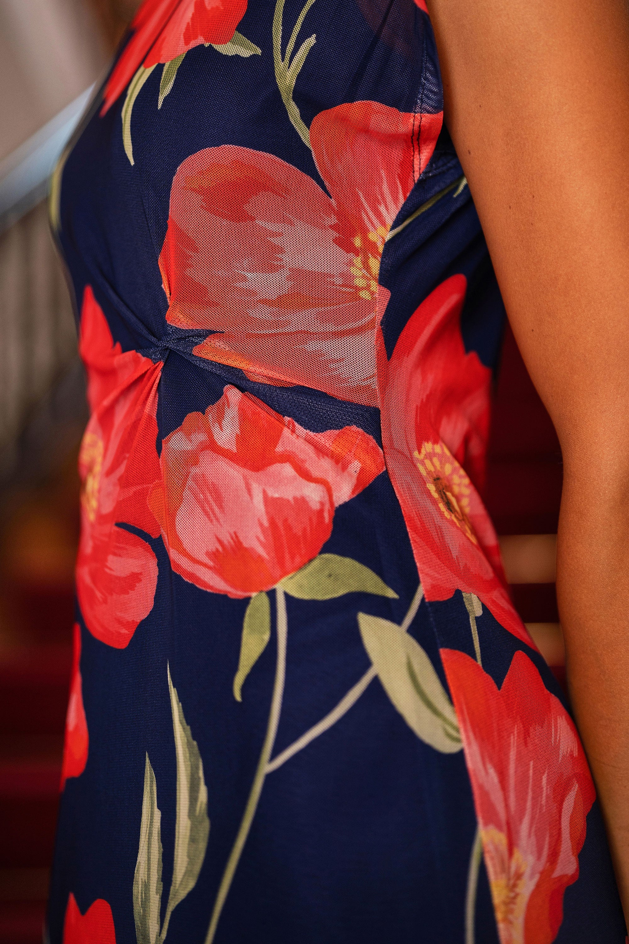 Yumi Navy Poppy Print Midi Mesh Dress