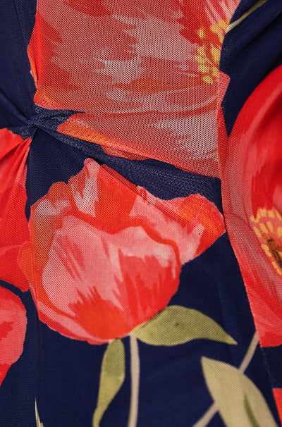 Yumi Navy Poppy Print Midi Mesh Dress