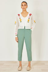 Yumi Green Stretch Capri Pants With Tie Belt