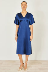 Yumi Navy Satin Midi Kimono Dress