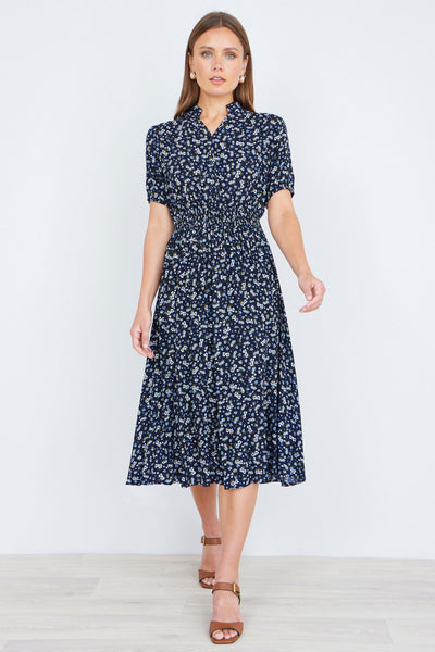 Yumi Navy Ditsy Floral Midi Shirt Dress With Ruched Waist