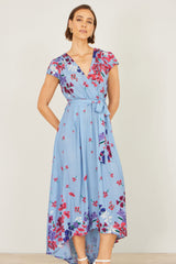 Yumi Blue Floral Mirror Wrap High Low Midi Wrap Dress