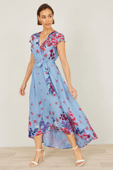 Yumi Blue Floral Mirror Wrap High Low Midi Wrap Dress