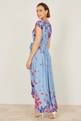 Yumi Blue Floral Mirror Wrap High Low Midi Wrap Dress