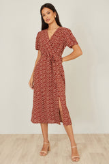 Yumi Brown Spot Wrap Midi Dress