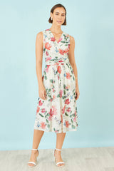 Yumi Ivory Blurred Floral Print Mesh Stretch Midi Dress With Pockets