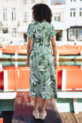 Yumi Green Leaf Print Viscose Relaxed Midi Shirt Dress