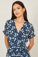 Yumi Blue Floral Skater Wrap Dress