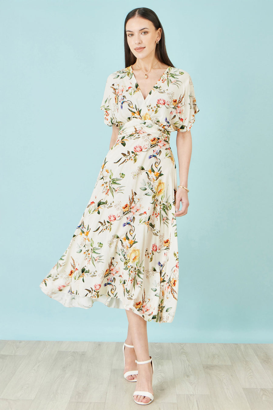 Yumi Ivory Viscose Floral Print Midi Dress With Ruched Waist
