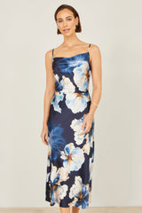 Yumi Navy Cowl Neck Satin Floral Dress