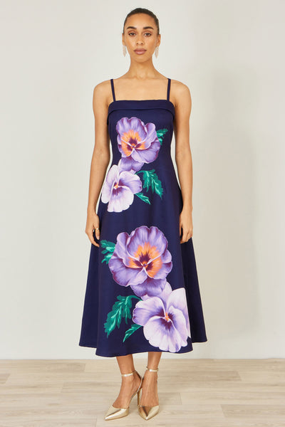 Yumi Navy Pansy Strappy Midi Dress