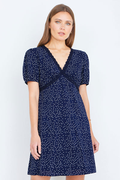 Yumi Navy Spot Print Lace Trim Skater Dress