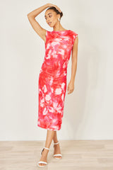 Yumi Red  Mesh Ruched Bodycon Midi Dress