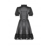 Dark in Love Belladonna Lace-Up High Collar Puff Sleeve Goth Dress  in Black