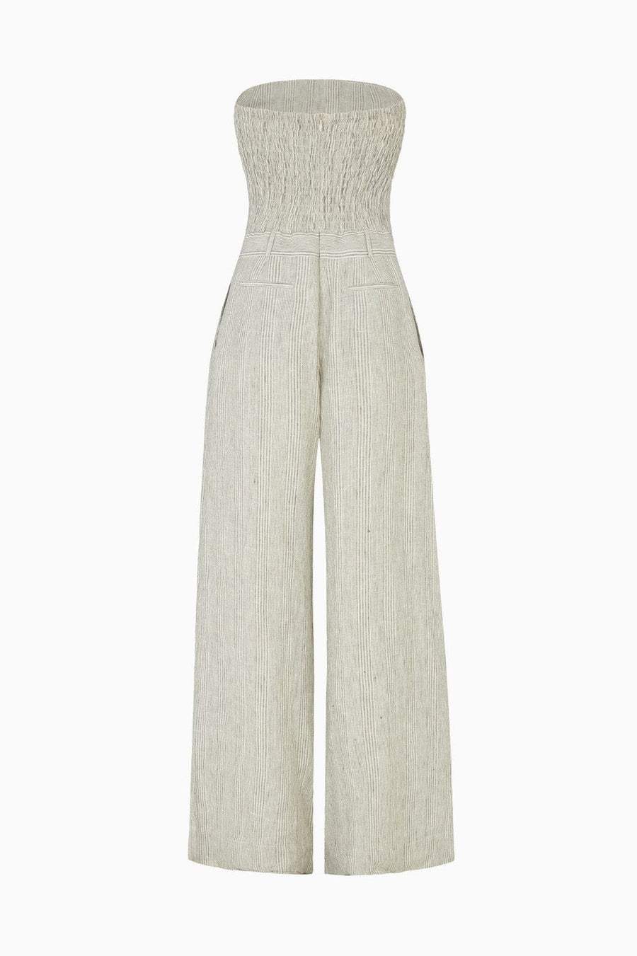 The Maggie Bandeau Jumpsuit in striped olive green