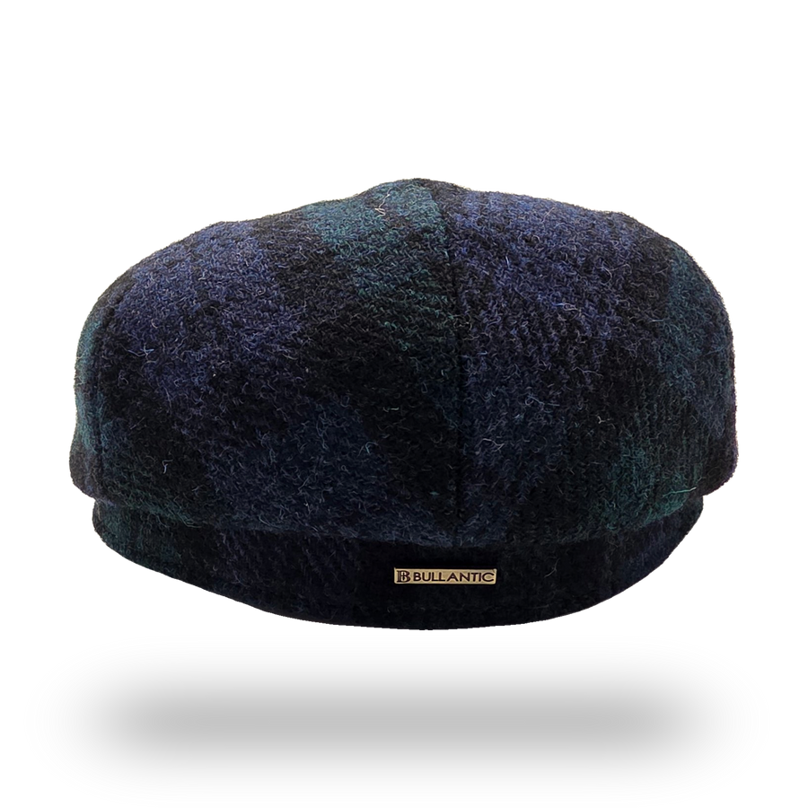 Black Watch Tartan Harris Tweed Flat Cap, back view with Bullantic bar badge