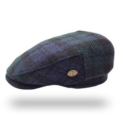 Black Watch Tartan Harris Tweed Flat Cap, side view with Bullantic badge