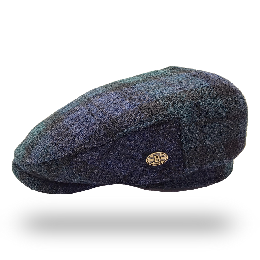 Black Watch Tartan Harris Tweed Flat Cap, side view with Bullantic badge