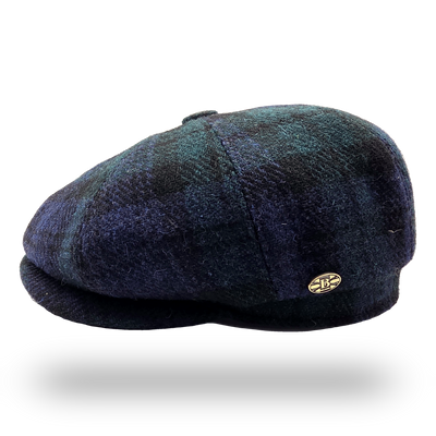 Black Watch Tartan Harris Tweed Newsboy Cap, side view