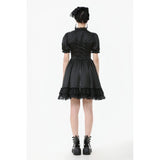 Dark in Love Belladonna Lace-Up High Collar Puff Sleeve Goth Dress  in Black