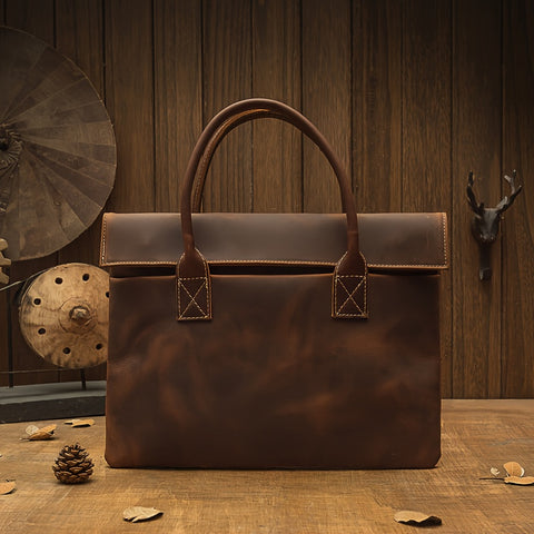Crazy Horse Leather Scratch Repairable Men's Handbag, Men's Laptop Bag, Vintage Handmade Genuine Leather Clutch Bag, European and American Casual Cowhide Briefcase, Slim Style