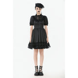 Dark in Love Belladonna Lace-Up High Collar Puff Sleeve Goth Dress  in Black