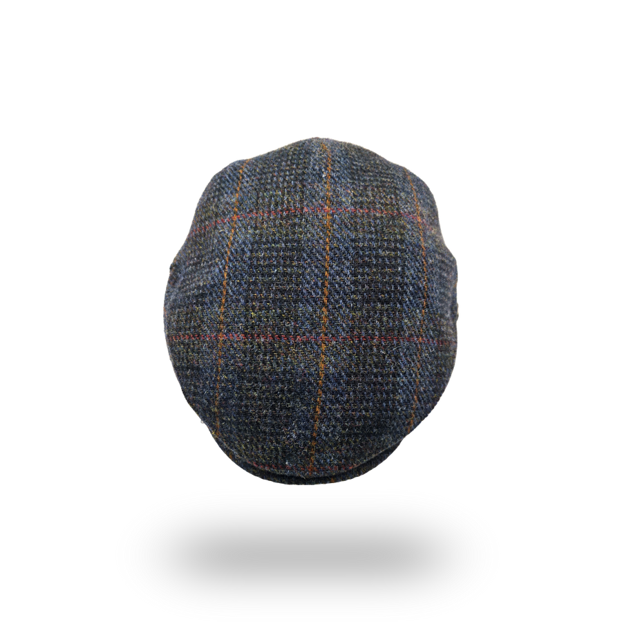 Eriskay Blue Overcheck Harris Tweed Flat Cap, top view