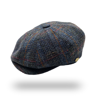 Eriskay Blue Overcheck Harris Tweed Newsboy Cap, side view
