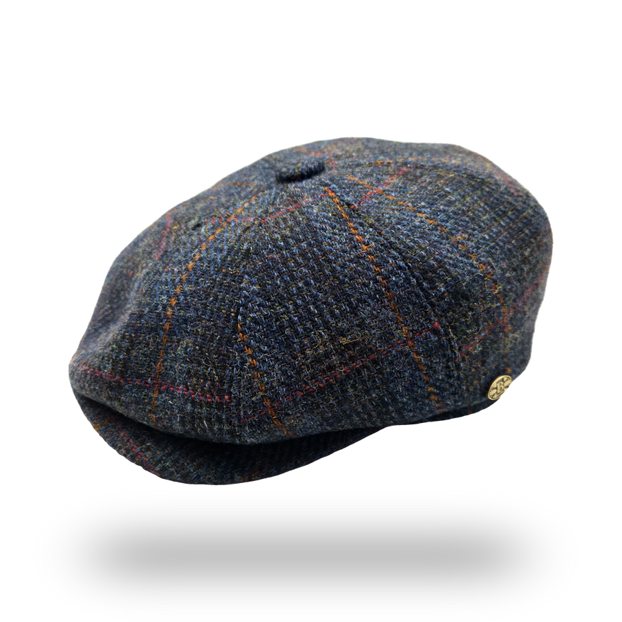 Eriskay Blue Overcheck Harris Tweed Newsboy Cap, side view