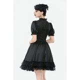 Dark in Love Belladonna Lace-Up High Collar Puff Sleeve Goth Dress  in Black