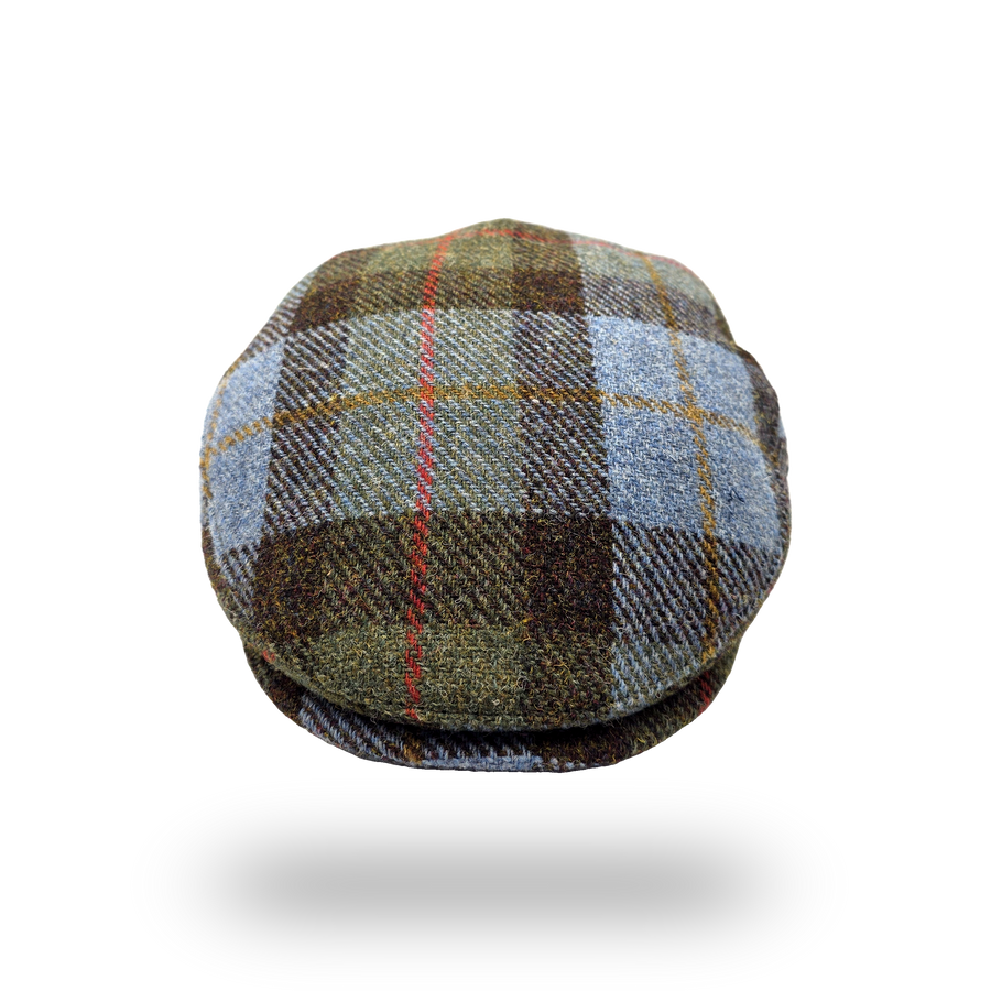 Uist Blue Tartan Harris Tweed Flat Cap, front view