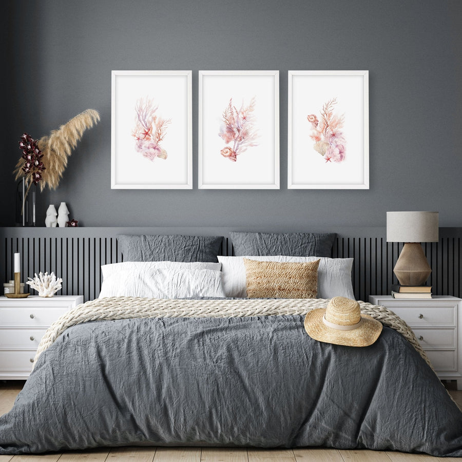 Large Coastal Wall Art | Set of 3 Seashells Wall art Prints