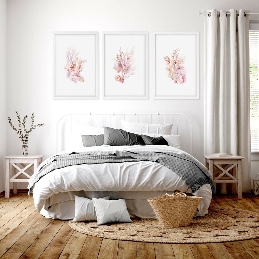 Large Coastal Wall Art | Set of 3 Seashells Wall art Prints