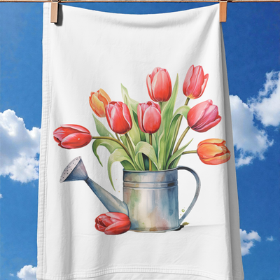Tulips on a Watering Can Painted Tea Towel