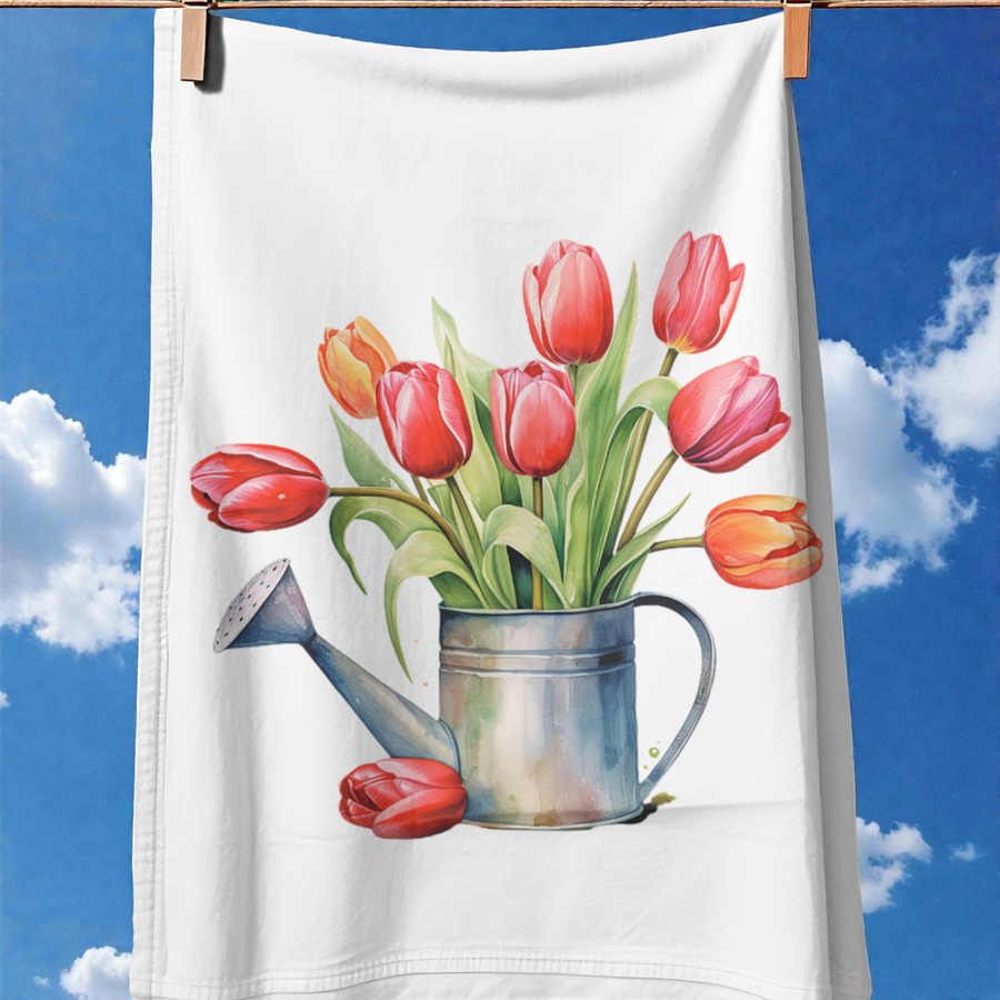 Tulips on a Watering Can Painted Tea Towel