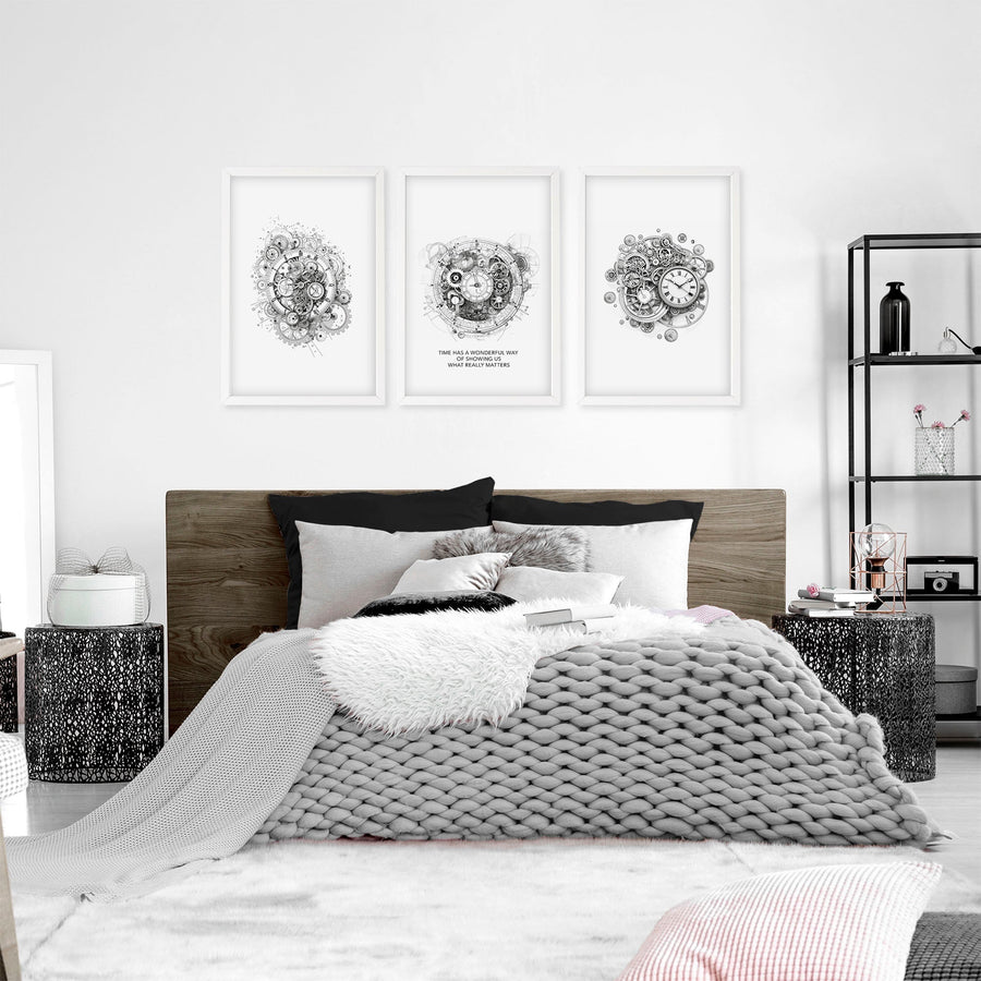 Modern Bedroom Wall Decor | Set of 3 Abstract Clocks Wall art Prints