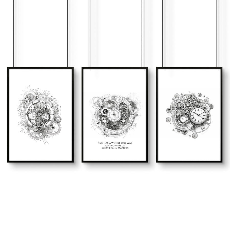 Modern Bedroom Wall Decor | Set of 3 Abstract Clocks Wall art Prints