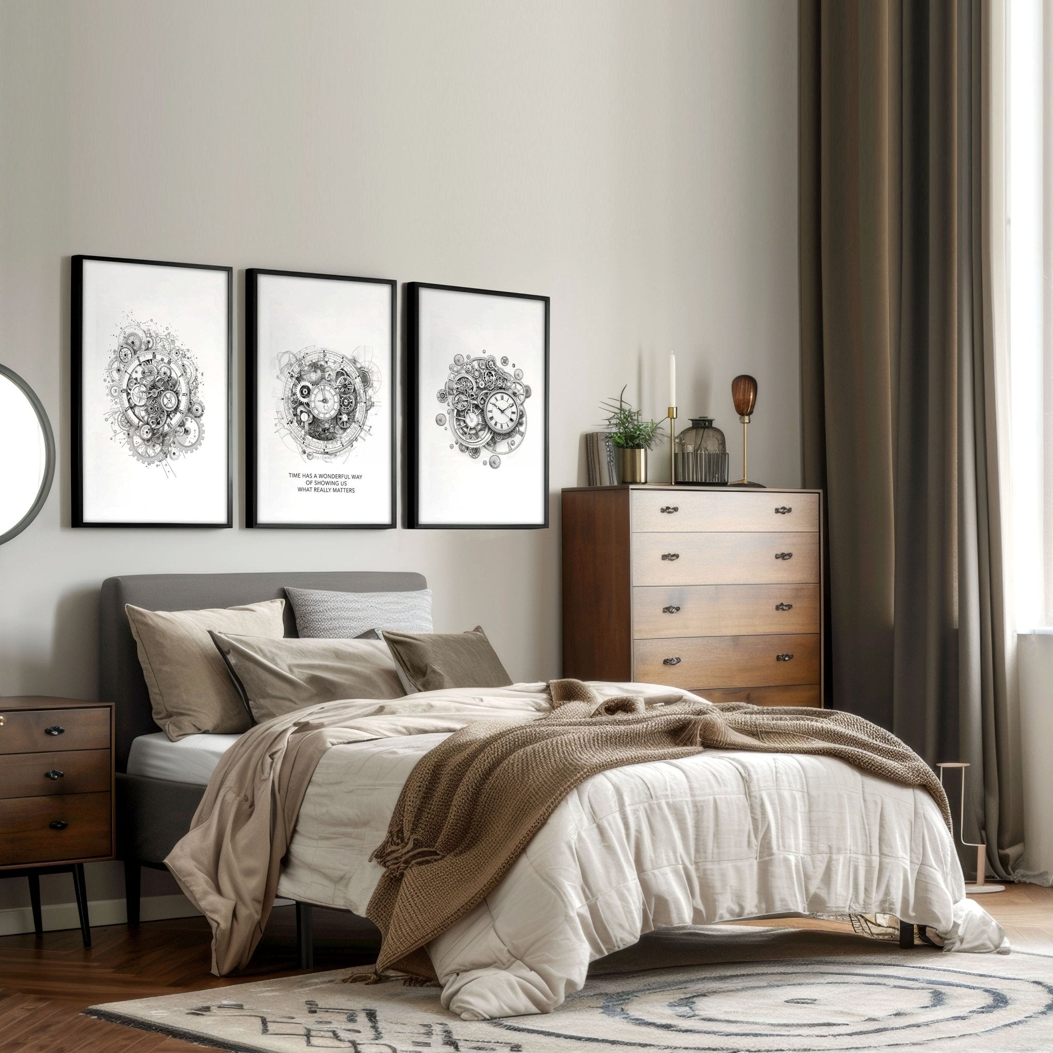 Modern Bedroom Wall Decor | Set of 3 Abstract Clocks Wall art Prints
