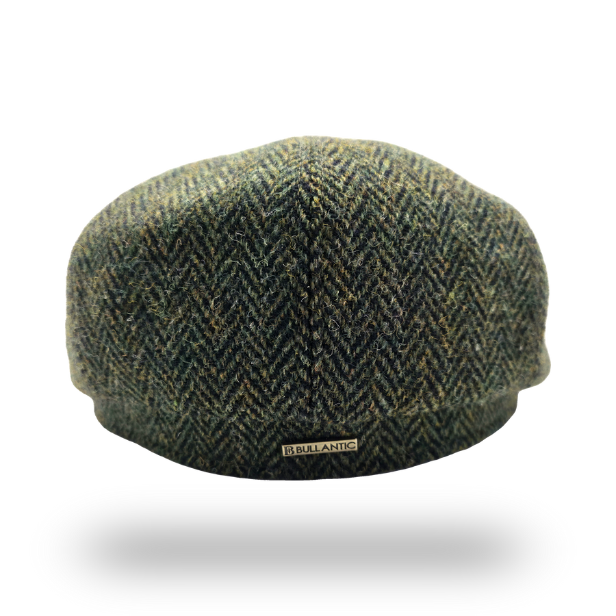 Harris Tweed Herringbone Newsboy Cap in olive, back view with Bullantic bar badge