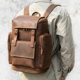 MenS Genuine Leather Backpack Made from Durable Crazy Horse Leather Featuring Adjustable Shoulder Straps a Zip Closure a Laptop Compartment And a Side Zip Pocket Suitable for Daily Commuting Work Study