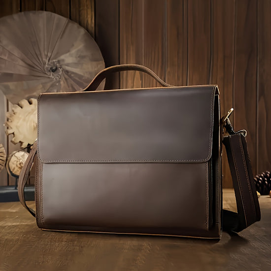 Men Retro Crazy Horse Genuine Leather Briefcase Fit 3302 cm Laptop Genuine Leather Magnetic Flap Shoulder Bag Large Capacity Messenger Bag Work Tote Business Bag with Zipper Around Front Pocket