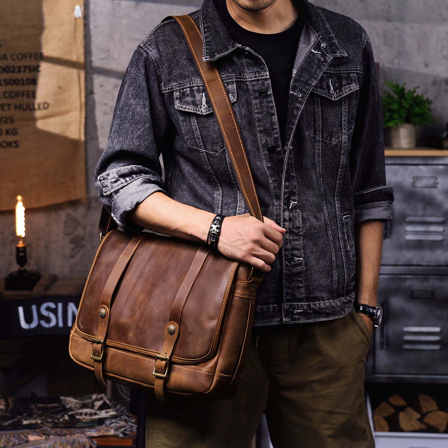 Genuine Leather Mens Casual Shoulder Messenger Bag