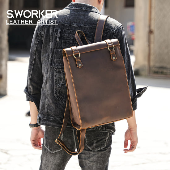 Genuine Leather Vintage Large Capacity Mens Backpack