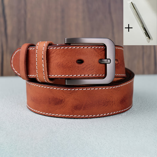 MenS Vintage Leather Belt with a Stylish Pin BuckleIncludes a Hole Puncher