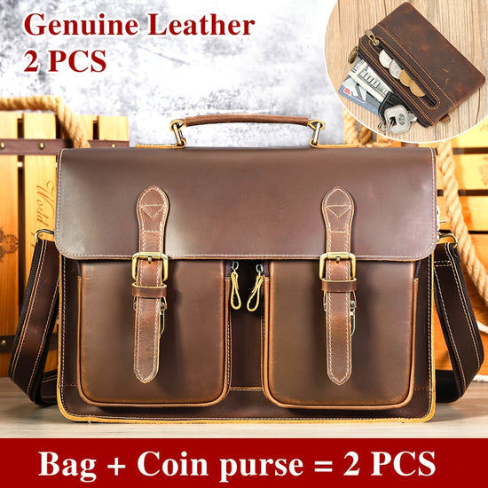 2pcs Combo Set Mens Genuine Leather Briefcase  Genuine Leather Coin Purse Crazy Horse Genuine Leather Tote Bag 14inch Laptop Bag Multifunctional Can Be Used as a Backpack Crazy Horse Genuine Leather Crossbody Bag Suitable for Commuting and