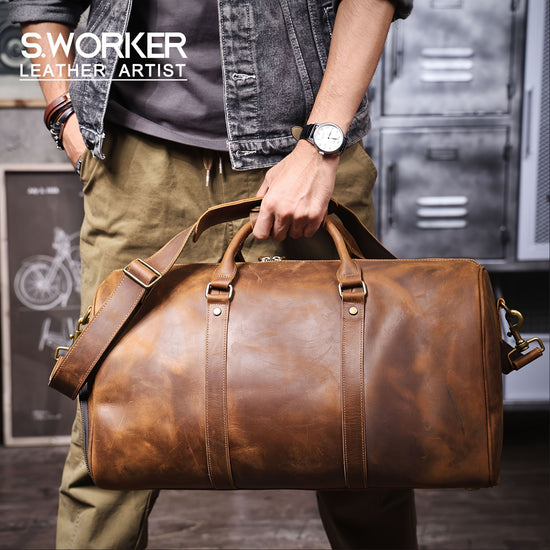 Vintage Leather Travel Duffel Classic Mens Gym Weekender