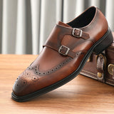 Formal Shoes Gentlemans Carved Monk Shoes Brogue Casual British Genuine Square Toe Mens Shoes Comfortable and Breathable TopGrain Cowhide Mens Shoes