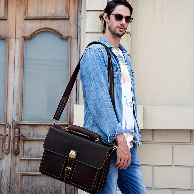 Mens Genuine Leather Briefcase Retro Crazy Horse Genuine Leather Business Bag Computer Shoulder Bag
