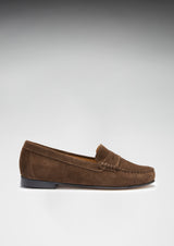 Women's Penny Loafers Leather Sole, brown suede
