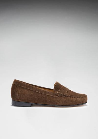 Women's Penny Loafers Leather Sole, brown suede